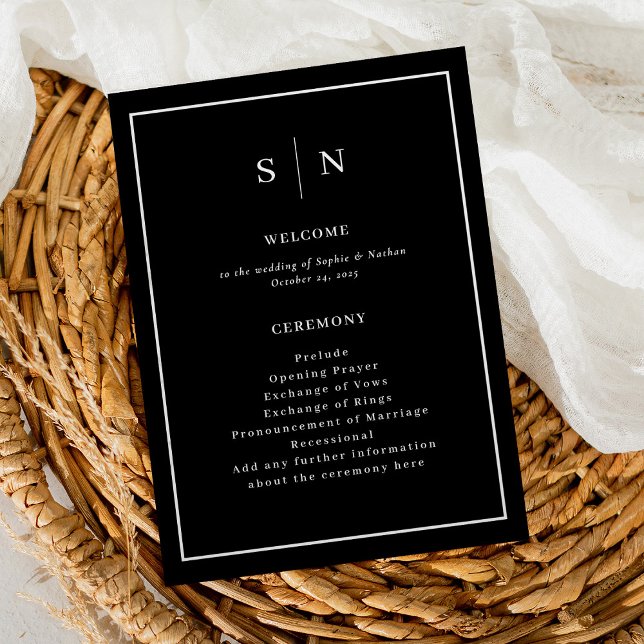 Minimal och Chic svart | ELEGANT GRÄNS BRÖLLOP Program (A minimal and chic, dark black wedding program with your monogram)