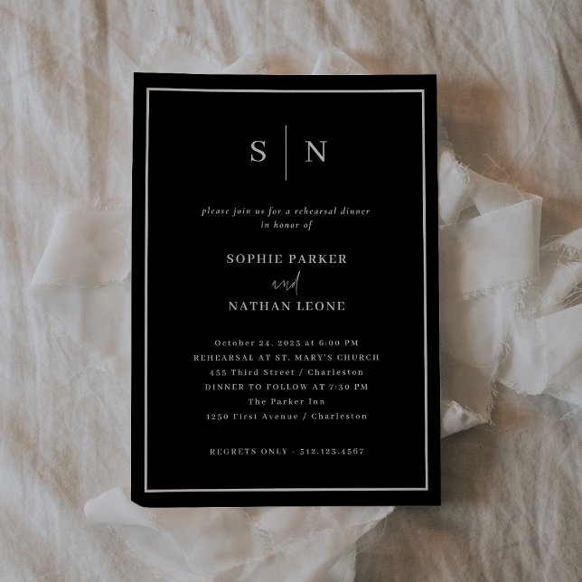 Minimal och Chic svart | Elegant Repetitionsmiddag Inbjudningar (A dark, black, modern and elegant choice for your wedding rehearsal dinner invitation)