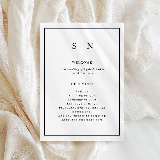 Minimal och Chic | Svarta och vita Gräns Bröllop Program (A minimal and chic wedding program in black and white, with your monogram)