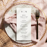 Minimal och Chic | Svartvit Bröllop Meny<br><div class="desc">Den här eleganten,  de moderna menykorten i bröllop eller menykorten för repetitionsmiddagar har en enkel svart och vit textdesign som exuderar minimalistiskt stil. Lägg till initialer eller monogram för att göra dem helt egna.</div>