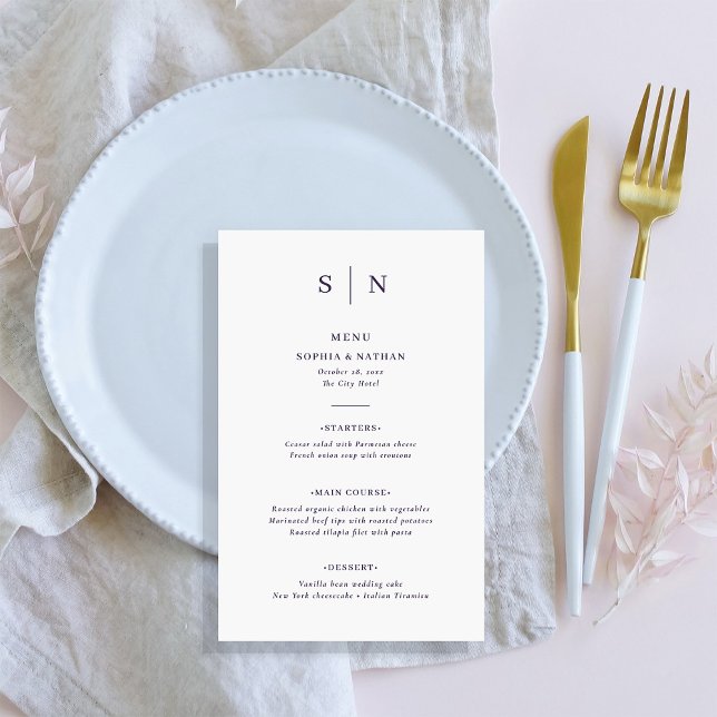 Minimal och Chic Vit och Lila Bröllop Menu Flygblad (An elegant, classic menu with purple text and your monogram)