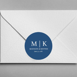 Minimal och Elegant blå och vit monogram Bröllop Runt Klistermärke