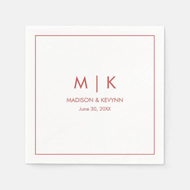 Minimal och Elegant Red Monogram Bröllop Pappersservett (Framsidan)