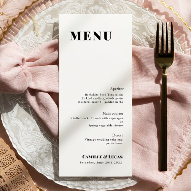 Minimal och elegant Svartvitt Bröllop-meny Meny (Skapare uppladdad)