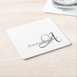 Minimal och enkel vit monogram och Namn Underlägg Papper Kvadrat