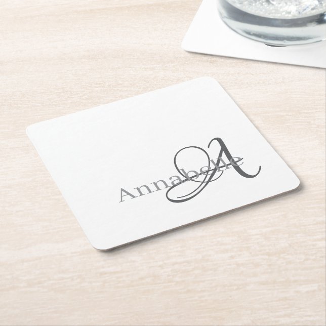 Minimal och enkel vit monogram och Namn Underlägg Papper Kvadrat (Vinklad)