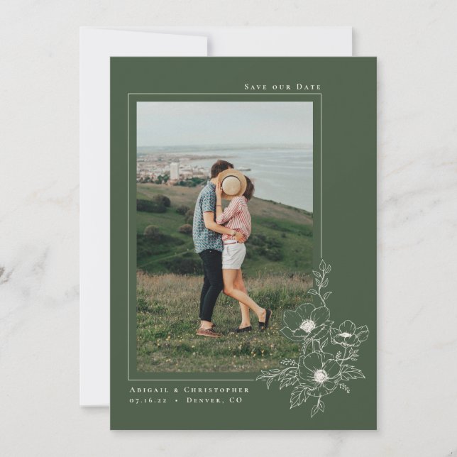 Minimal Oliv grönt anemone Art Blommigt Bröllop Spara Datumet (Framsida)