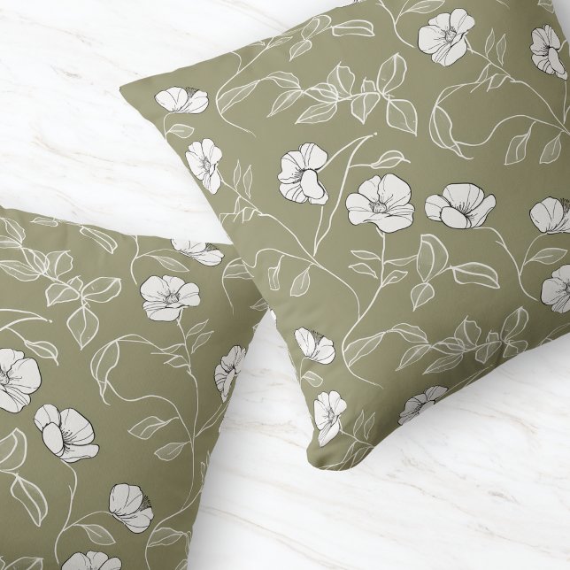Minimal Oliv grönt Blommigt Linjefläck Kudde (Minimal Olive Green Floral Line Art White Flower Throw Pillow)