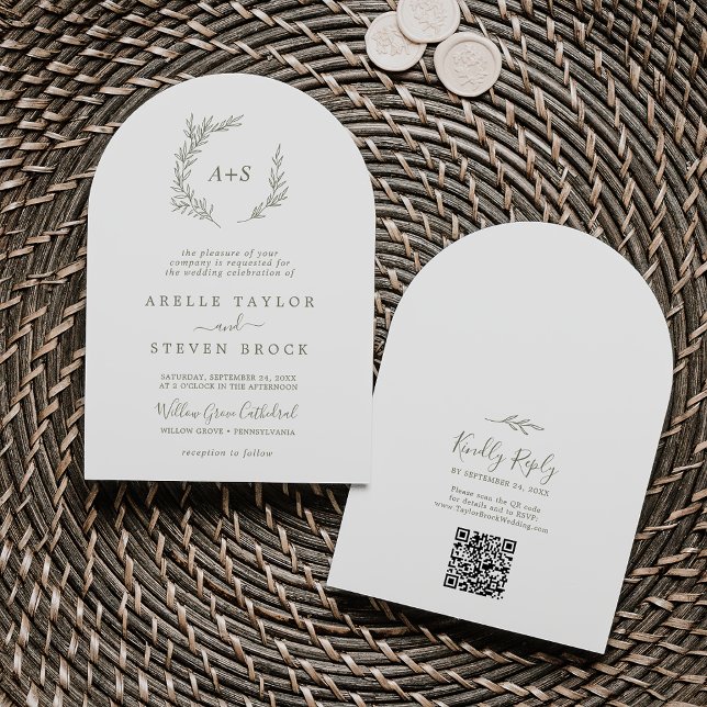 Minimal Oliv grönt QR-kod för Löv Boho Arch Bröllo Inbjudningar (Minimal Leaf Olive Green QR Code Boho Arch Wedding Invitation)