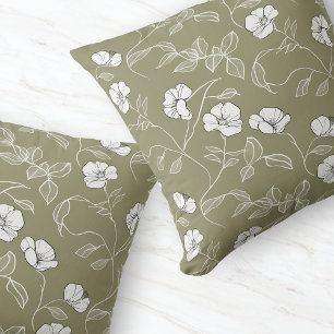 Minimal Olivgrön Blommig Linje Konst Vit Blomma Kudde