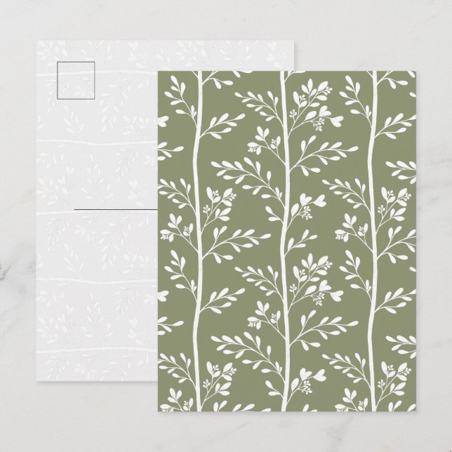 Minimal olivgrön blommig silhuett randig konst vykort (Fram/baksida)