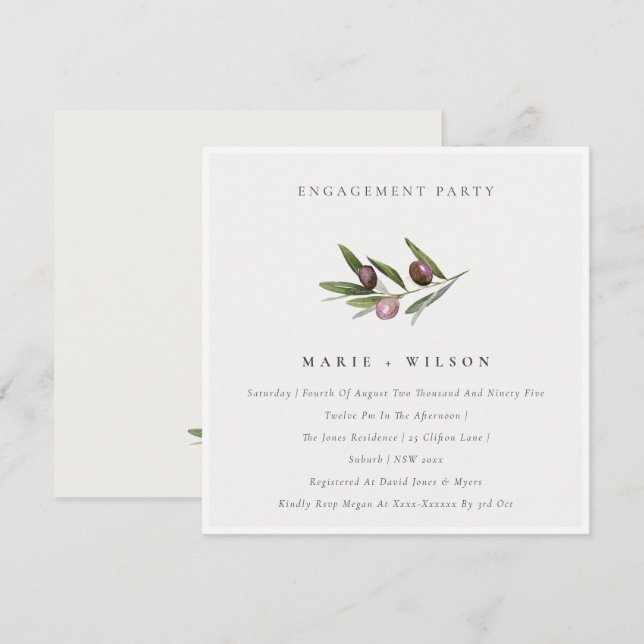Minimal olivoljeflöde Gren Förlovning Inbjudan (Fram/baksida)