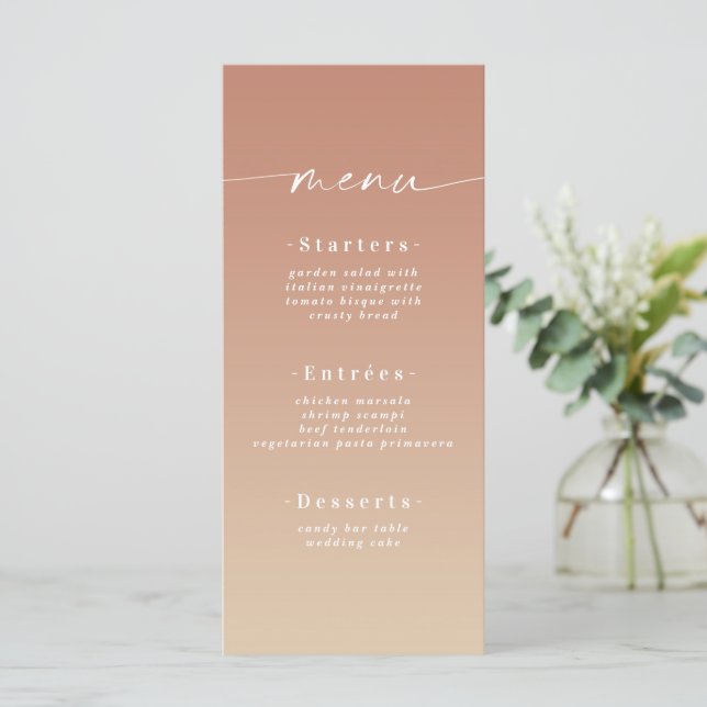 Minimal Ombre Gult Guld & Terra Cotta Bröllop Meny (Stående Fram)