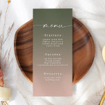 Minimal Ombre Hunter Grönt & Rosa Bröllop Meny<br><div class="desc">Enkelt minimum Ombre Hunter Grönt & Rosa Bröllop Middag Menu. Det här moderna menykortet för chic är enkelt klassiskt och elegant med en subtil toningstoning och en söt namnteckning skriptcalligrafteckensnitt med svan. Visas i Chicen Ombre Hunter Grönt & Rosa Colorway. Med ett söt monogram på baksidan. Finns i flera alternativ...</div>