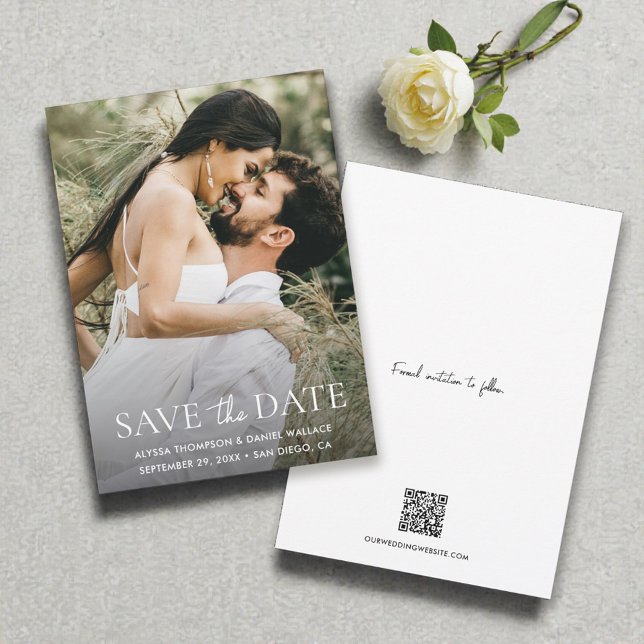 Minimal One Photo Modern QR-kod bröllop webbplats Spara Datumet (Simple, modern wedding, photo save the date with QR code and website cards.)