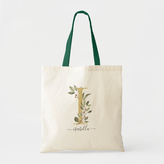 Minimal Organisk Grönska Guld Monogram Bokstav "I" Tygkasse (Framsidan)