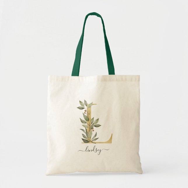 Minimal Organisk Grönska Guld Monogram Bokstav "L" Tygkasse (Framsidan)