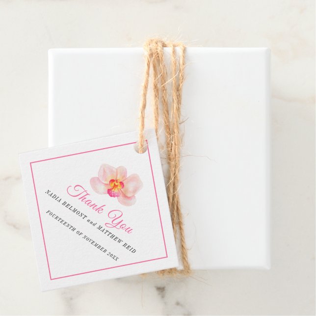 Minimal orkidéfri rosa, vit bröllop tack. gåvor etiketter (På plats)