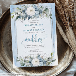 Minimal Pastel Blue White Silver Peonies Bröllop Inbjudningar