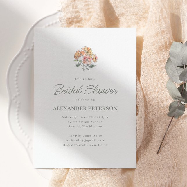 Minimal Peach Floral Bridal Shower Elegant Script Inbjudningar (Skapare uppladdad)
