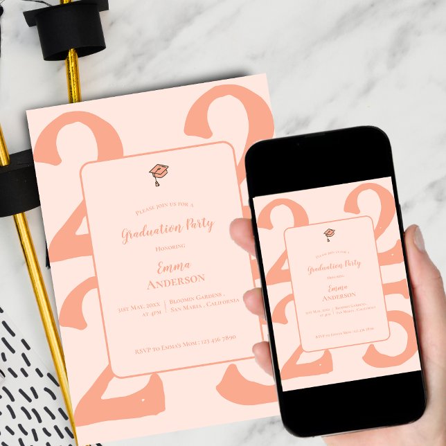 Minimal Peaches Examenstårtafest Inbjudningar (Elegant Minimalist Class of 2025 Graduation Party Invitation)