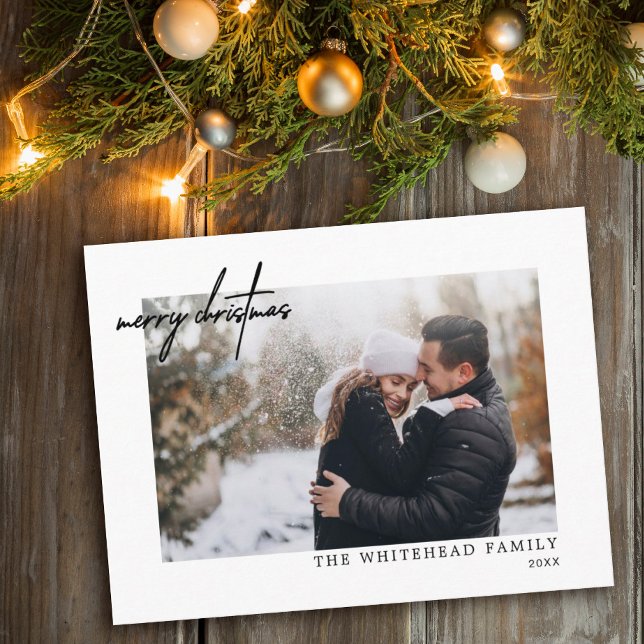 Minimal Photo Black Merry Christmas White Julkort (Skapare uppladdad)