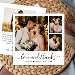 Minimal Photo Collage Kärlek och Tack Bröllop<br><div class="desc">Simle Minimalist Elegant "Kärlek and Tackare" Script 3 Photo Collage anpassningsbar personlig Bröllop - tackkort. Snyggt bröllop tackar dig för att du har en kortmall med tre (3) foto på framsidan (fotokollage) och ett foto på baksidan. Med texten "Kärlek och tack" i ett snabbt och välskrivet typsnitt för typografi swash-svan...</div>