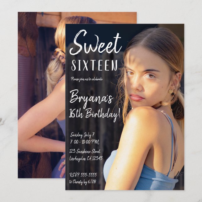 Minimal Photo Trendig Chic Sweet 16 Party inbjudat Inbjudningar (Fram/baksida)