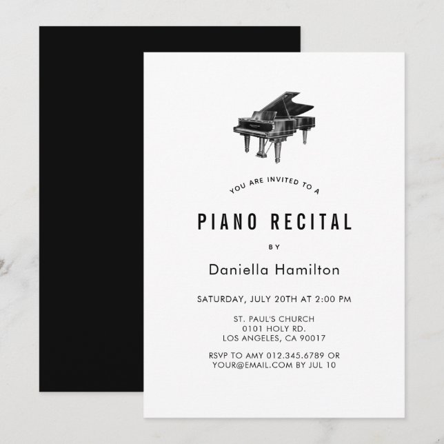 Minimal Piano White Recital Invitation Inbjudningar (Fram/baksida)