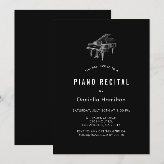 Minimal pianoinbjudan i svart för recital inbjudningar (Fram/baksida)