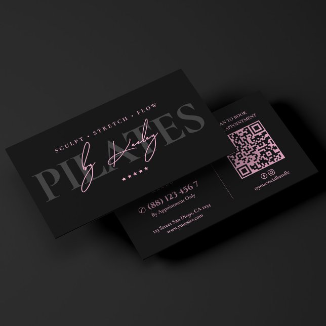 Minimal Pilates-tränare Wellness Studio Rosa Svart Visitkort (Minimal Pilates Trainer Wellness Studio Pink Black Business Card
)