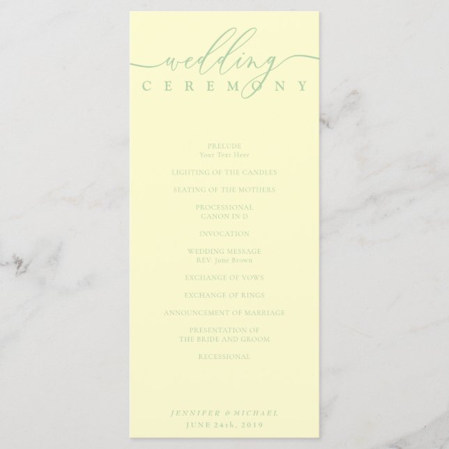Minimal Pistachio & Cream Script Wedding Ceremony Program (Framsida)