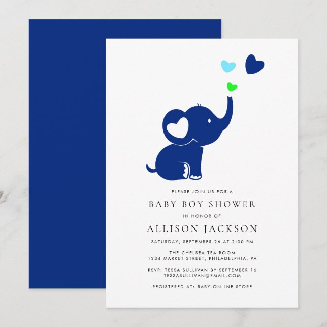 Minimal Pojke Shower Blue Elephant Hearts Inbjudningar (Fram/baksida)
