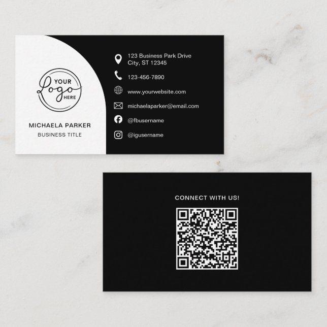 Minimal Professional Custom Logo QR Code Black Visitkort (Fram/baksida)
