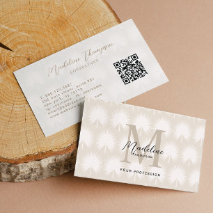 Minimal QR-kod Beige Anahaw Löv-skript Monogram Visitkort