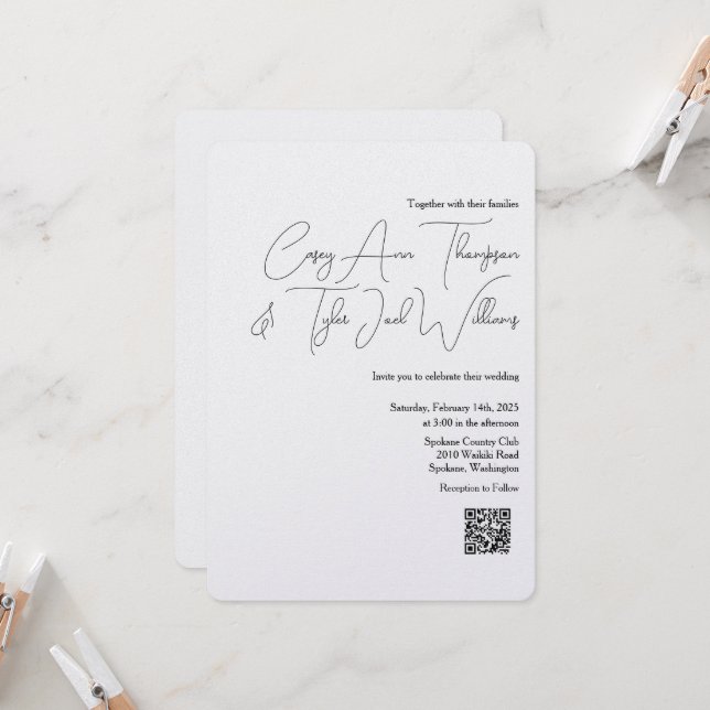 Minimal QR-kod Bröllopsinbjudan Pearl Shimmer Inbjudningar (Fram/Back In Situ)