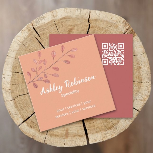 Minimal QR-kod ro terracotta löv Fyrkantigt Visitkort (Minimal QR code rose business card - terracotta leaf natural design)