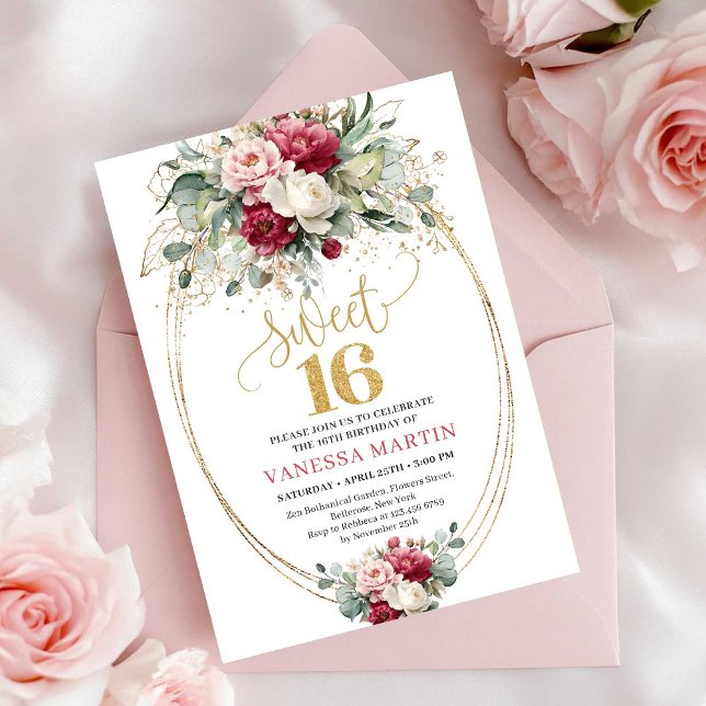 Minimal Red Blush Greenery Gold Sweet 16 Birthday Inbjudningar (Minimal Red Blush Greenery Sweet 16 Birthday Invite)