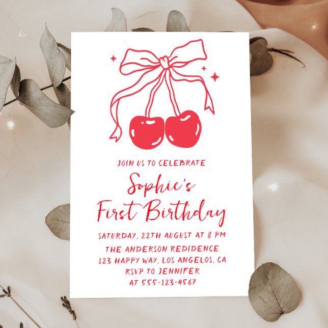 Minimal Red Bow Cherry Fruit 1st Birthday Party Inbjudningar (Skapare uppladdad)