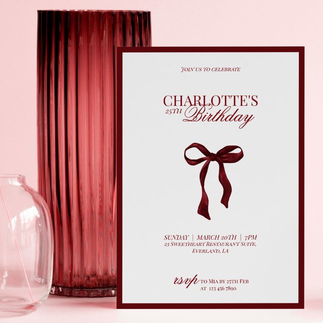 Minimal Red & Burgundy Bow Birthday Invitation Inbjudningar (Skapare uppladdad)
