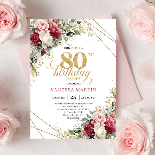Minimal Red Burgundy Floral 80th Birthday Invite Inbjudningar (Minimal Red Burgundy Floral 80th Birthday Invite)