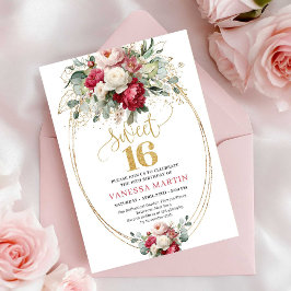 Minimal Red Burgundy Floral Sweet Sixteen Invite Inbjudningar