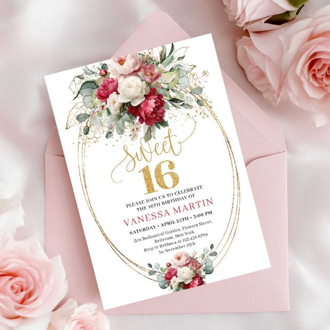 Minimal Red Burgundy Floral Sweet Sixteen Invite Inbjudningar (Minimal Red Burgundy Floral Sweet Sixteen Invite)
