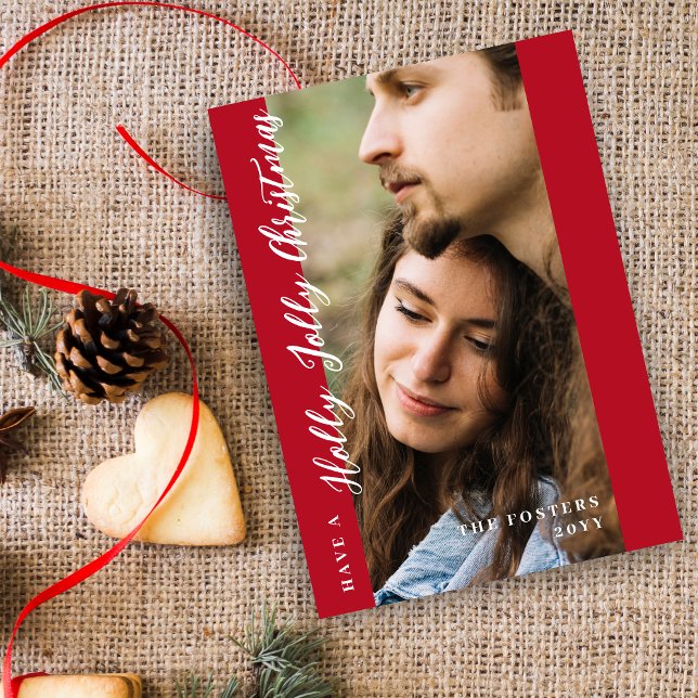 Minimal Red Holly Jolly Christmas Photo  Julkort (Minimal Red Holly Jolly Christmas Photo Holiday Card with Envelope.)