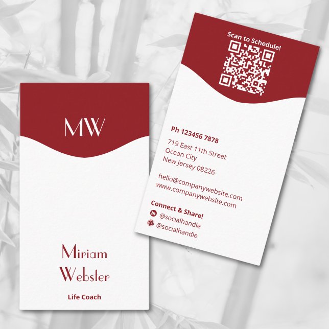 Minimal Red White Initialer Porträtt Personal Visitkort (Minimal Red White Initials Portrait Personal Business Card, Initials, QR code, Connect on Social)