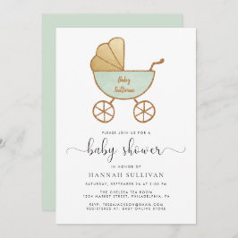 Minimal Retro Carriage Mint Guld Cute Baby Shower Inbjudningar