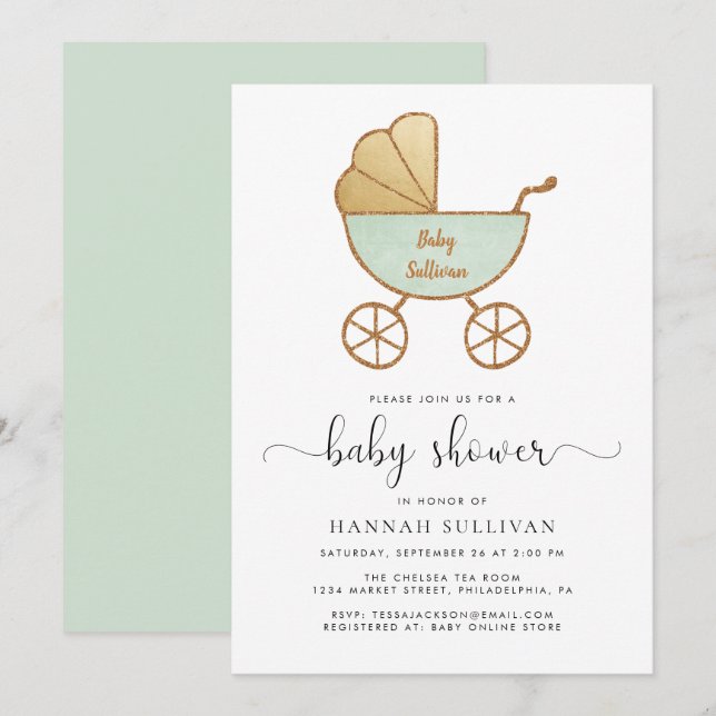 Minimal Retro Carriage Mint Guld Cute Baby Shower Inbjudningar (Fram/baksida)