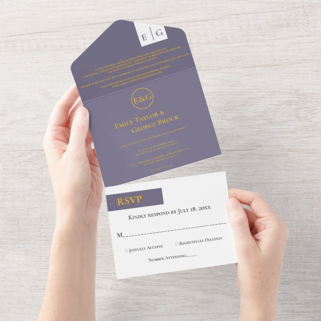 Minimal Retro Lila Guld Monogram Classy Bröllop (Avrivbar del)