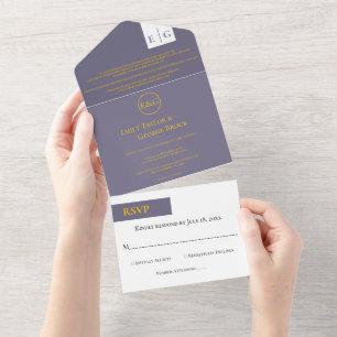 Minimal Retro Lila Guld Monogram Classy Bröllop