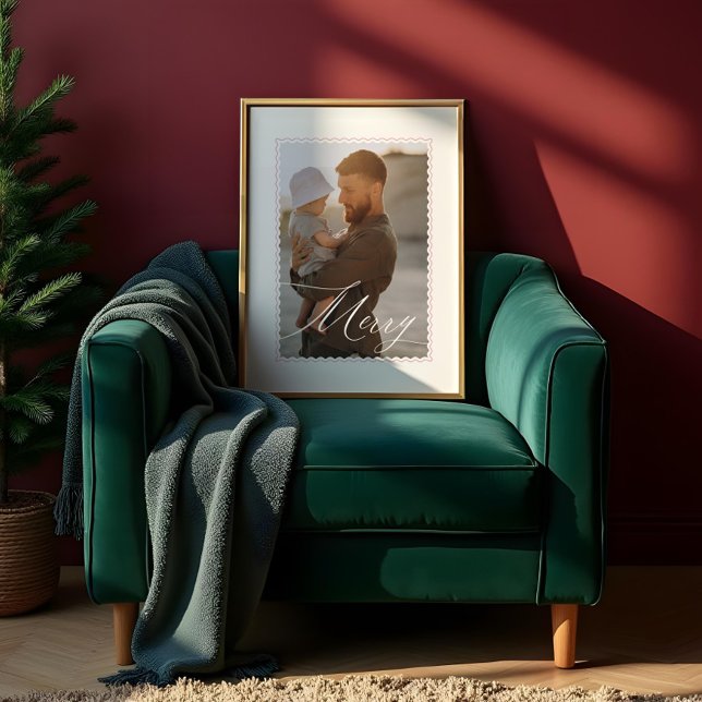 Minimal retro Vågigt Ram Merry Script Anpassningsb Poster (Minimal Retro Wavy Frame Merry Script Custom Photo Poster)